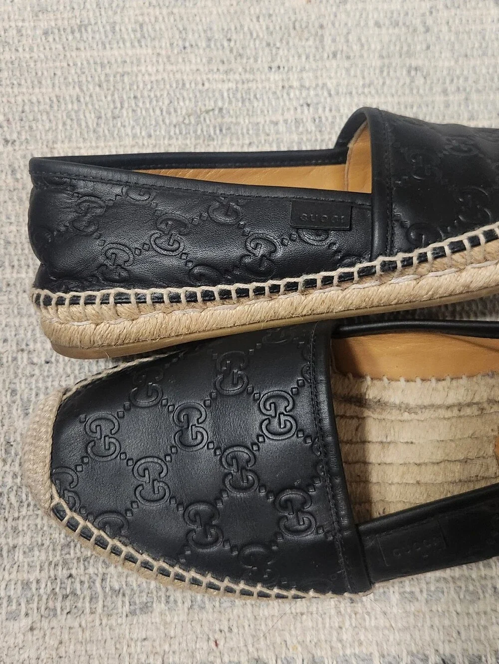 Gucci Black Monogram Embossed Leather Espadrille Flats
